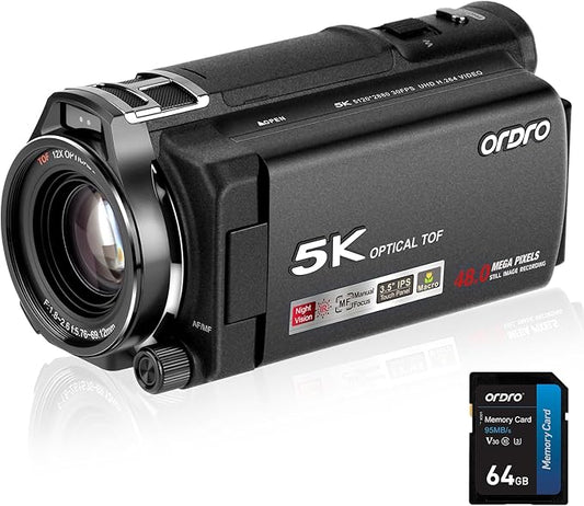 ORDRO XV80 Video Camera Camcorder 5K 48MP UHD 1080P 60fps 12X Optical Zoom for YouTube, IR Night Vision 40X Digital Zoom 3.5” Touch Screen Vlog Camera with APP Connection