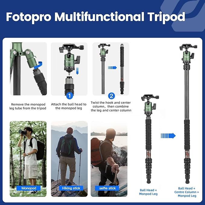Fotopro 60inch Carbon Fiber Tripod Compact Camera Tripod with Ball Head Quick Release Plate Detachable Monopod Load up to 17.63lbs X-go E 2 Carbon Fiber Green