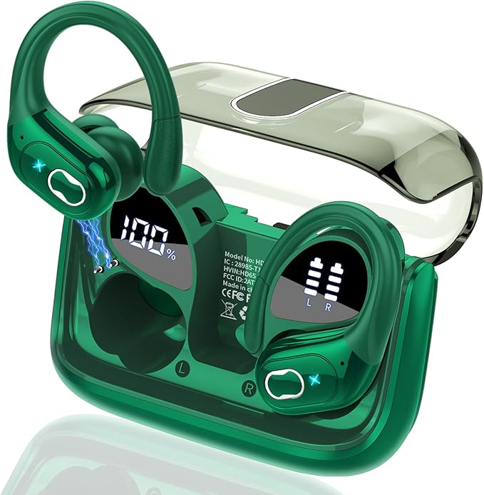 Wireless Earbuds 75hrs Bluetooth 5.4 Headphone Sport, 2025 Bluetooth Earbuds Stereo Deep Bass Over Ear Bud with Earhooks, ENC Noise Cancelling Mic, IPX7 Waterproof Earphone, Dark Green