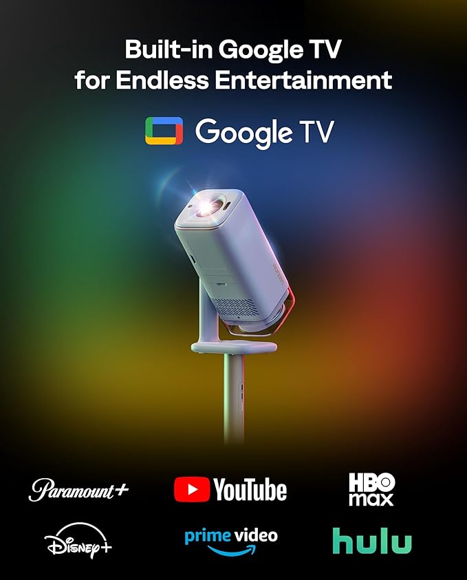 Aurzen BOOM Air Google TV Portable Projector with WiFi and Bluetooth, USB-C Powered, Smart Projector for Outdoor & Home Movie, 4K Supported, Real-Time Focus, Dolby Audio, Adjustable Stand, Off-White