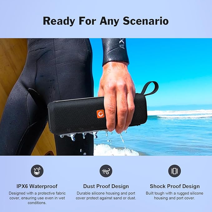 DOSS Bluetooth Speaker, E-go II Portable Speaker with 12W Superior Sound and Loud Bass, IPX6 Waterproof, Built-in Mic, 12H Playtime, Waterproof Speaker for Pool, Beach, Outdoor, and Travel - Grey