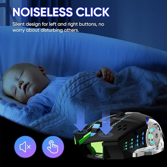 Wireless Gaming Mouse Bluetooth Mouse RGB Rechargeable 2.4G USB Cordless Computer Mice with 7 Color Backlit, 6 Buttons & Silent Click for Laptop, iPad, Mac OS, PC, Windows -Black