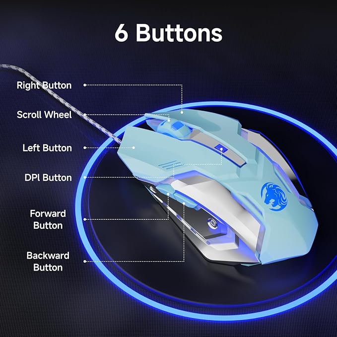 EWEADN G3 Wired Gaming Mouse, 2400 DPI Wired Optical Mouse with 6 Programmable Macro Buttons, Metal Base, 4-Color Breathing Light for PC/Laptop/Windows-Blue