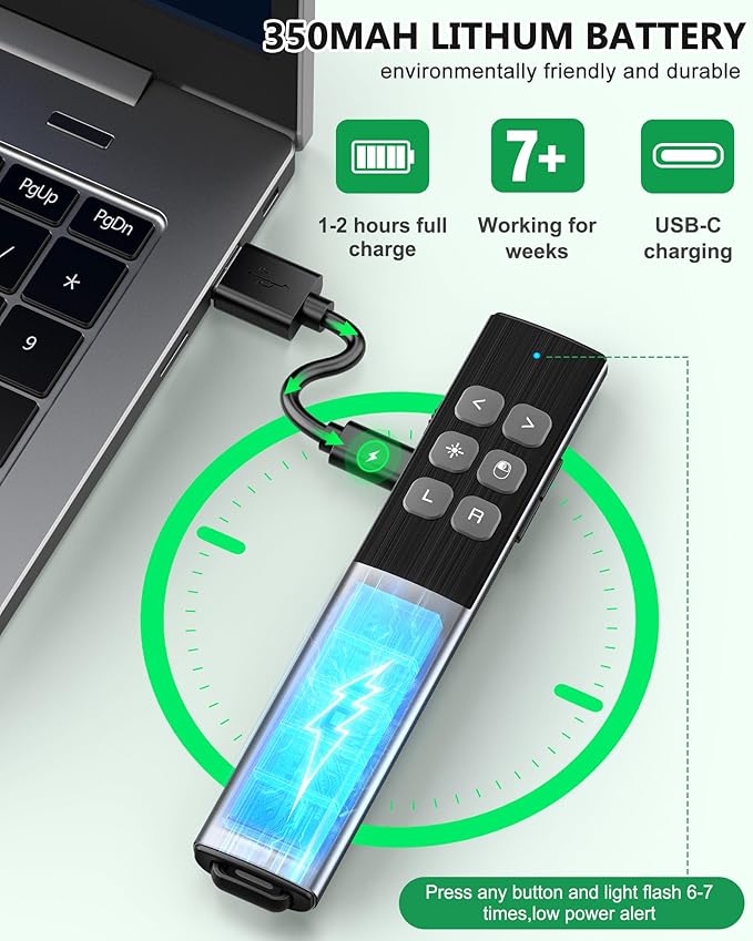 Wireless Rechargeable Presentation Clicker- Presentation Remote with Air Mouse Control, Gyro Volume Adjustment & Ink Annotation- Clicker for PowerPoint, Keynote on Mac, PC, Laptop