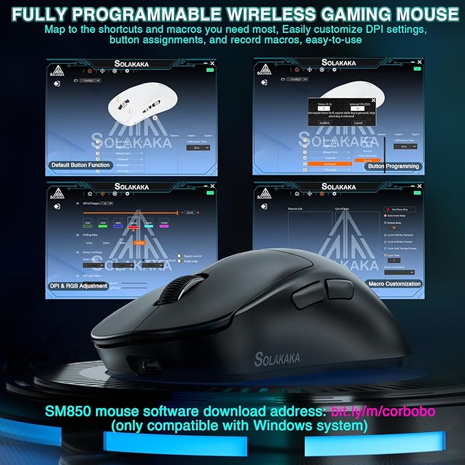 SOLAKAKA SM850 Wireless Gaming Mouse, 24000 DPI, 55g Lightweight Mouse Gaming, 6 Programmable Buttons, Ergonomic Computer Mouse, Tri-Mode BT5.1/2.4G/USB-C 250h Battery Life PC Gamer Mice for Laptop