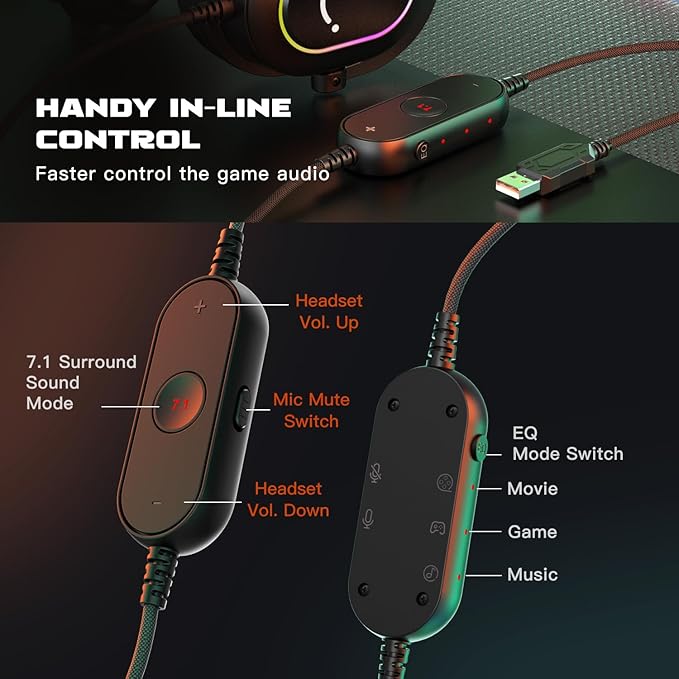 FIFINE Gaming Headset for PC-Wired Headphones with Microphone-7.1 Surround Sound Computer USB Headset for Laptop, Streaming Headphones on PS4/PS5, with EQ Mode, RGB, Soft Ear Pads - AmpliGame H6