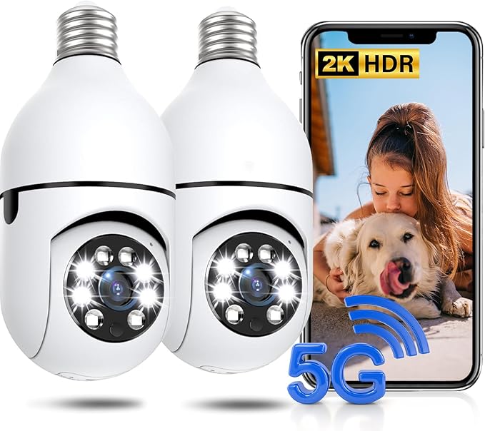 Light Bulb Security Camera 2 Packs, 5G&2.4GHz 2K Security Cameras Wireless Outdoor 360° PTZ Cameras for Home Security with Color Night Vision, 2 Way Talk, AI Human Detection, Screw in Light Socket