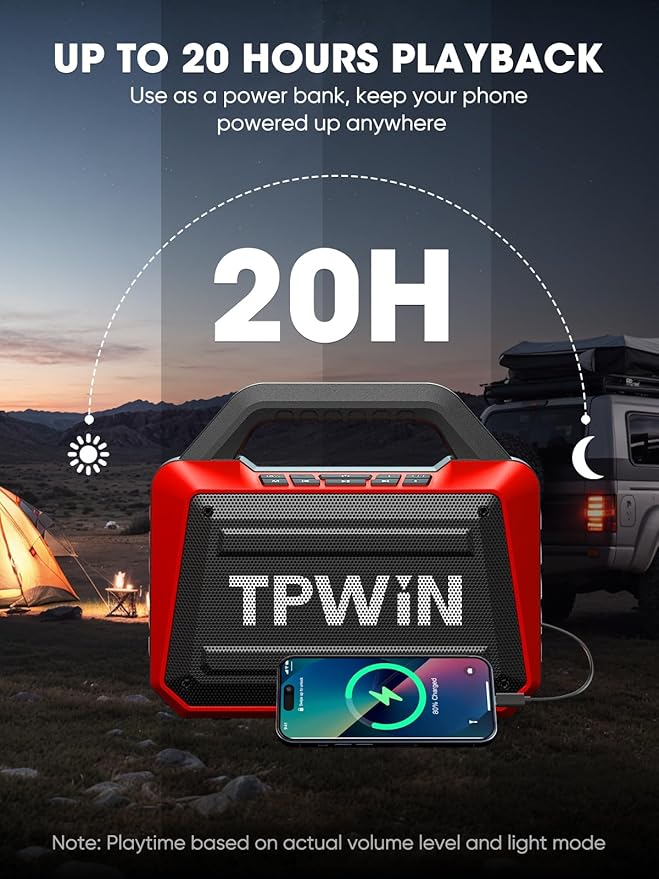 Portable Bluetooth Speakers - Wireless Speaker 80W Peak, Loud Speaker with Light, Strong Bass, BT 5.3, TWS, IPX6 Waterproof, 20H Playtime for Home Party Outdoor Beach Camping - Red