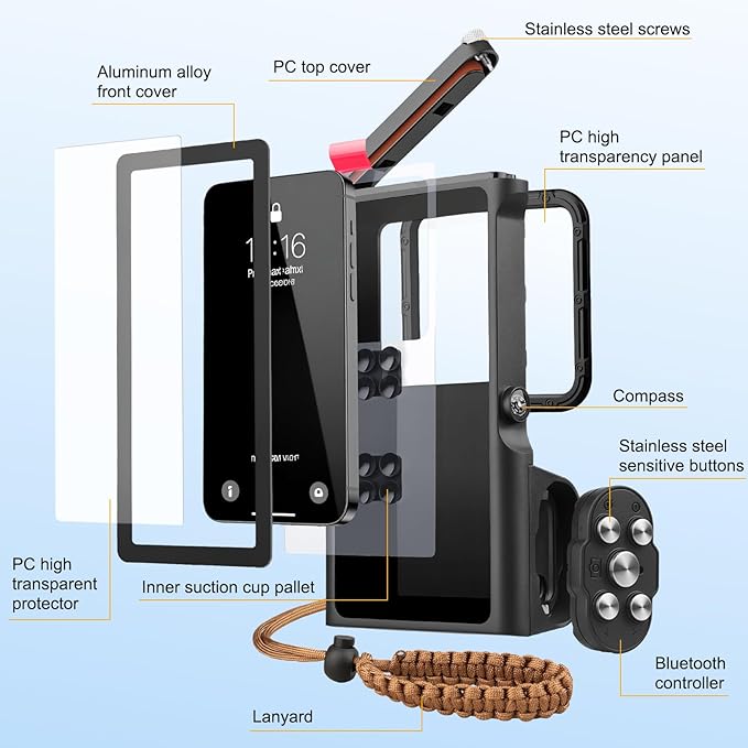 50ft/15m Waterproof Snorkeling Diving Phone Case for iPhone 16-11 pro/pro max & Samsung S24-S21, Underwater Photo & Video Housing with Bluetooth Control Black