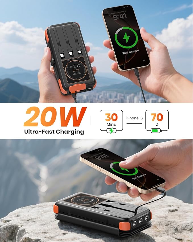 Solar-Charger-Power-Bank-49800mAh, 20W Fast Charging Portable Charger with Built-in 3 Cables & 4 Solar Panels, USB C Solar Battery Bank with LED Flashlights for Smartphones, Tablets