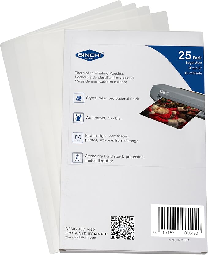 SINCHI Thermal Laminating Pouch, 10 mil per Side, 9x14.5-Inches Legal Size, 25pcs Pack, Ultra Clear & Sturdy Laminating Sheets