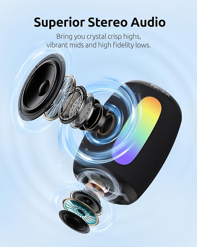 Portable Bluetooth Speaker with Lights, Powerful Sound, Stocking Stuffers, IPX5 Waterproof, Wireless BT5.3, TWS Pairing, 15H Playtime, for Outdoor/Home/Party/Beach, White Elephant Gifts for Adults