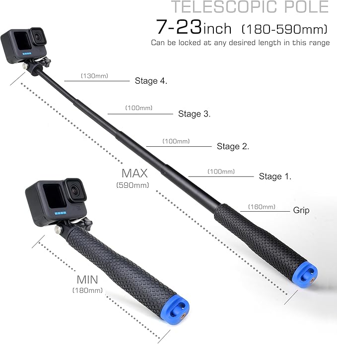 7''-23''Waterproof Pole Selfie Stick Pocket Size Underwater Handle Grip Monopod Aluminum for GoPro Hero Session Max Insta360 AKASO DJI OSMO Digital Cameras