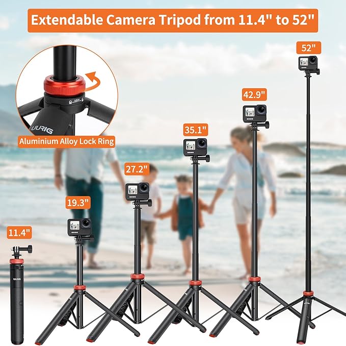 VRIG 52" Extendable Camera Tripod for Insta360 X4 X3 X2 Selfie Stick Tripod with 1/4" Screw Mini Portable Phone Stand Tripod for Hero 12 11 10 9 8 7 6 5/DJI Osmo/AKASO/SJCAM/Action Camera