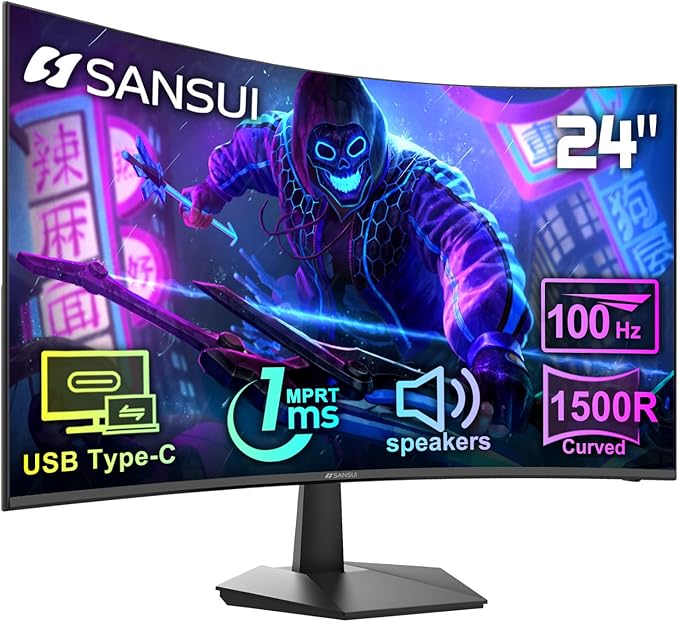 SANSUI Curved Monitor 24 inch 100Hz USB Type-C Computer Monitor with Built-in Speakers- MPRT 1ms,Adaptive Sync,HDR,1500R,VESA 75x75mm Compatible, for Home and Office(ES-24C1)