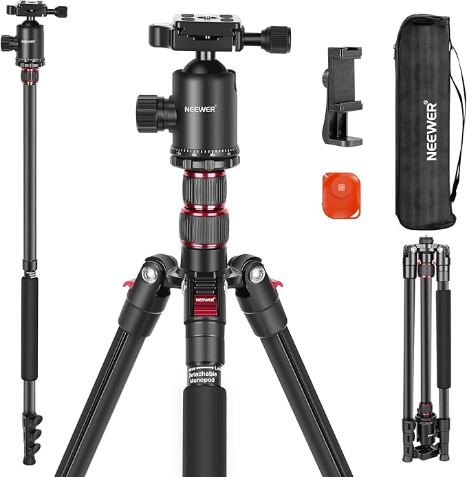 NEEWER 77” Camera Tripod Monopod with Phone Holder, Portable Travel Tripod with Remote, 360° Ball Head, 2 Axis Center Column, Arca QR Plate and Bag, Aluminum DSLR Tripod 34lb Max Load, TP77