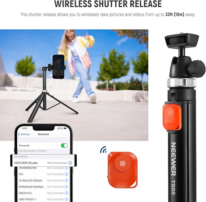 NEEWER Phone Tripod for Camera with Cell Phone Holder & Remote, 62.9" All Metal Selfie Stick Travel Vlog Video Recording Portable Stand Compatible with iPhone Canon Sony Nikon, Cleaning Cloth, TS05