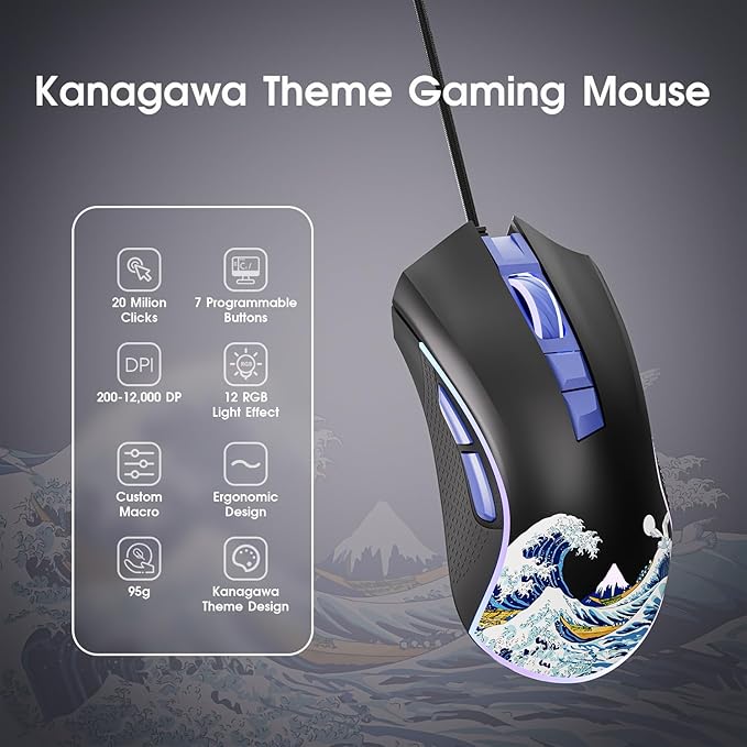 XVX Wired Gaming Mouse, 12000 DPI RGB Mouse with 12 Backlit Modes & 7 Macro Buttons, PC Gaming Mice Support DIY Keybinding, Gamer Computer Mice for Laptop PC Mac Windows, Kanagawa