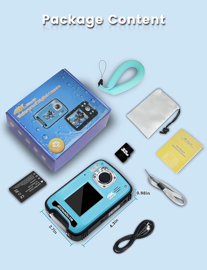 Underwater Camera 4K 48MP Autofocus Selfie Dual Screen Waterproof Camera with Floating Strap and 32GB Card, 17FT Compact Waterproof Digital Camera, Fill Light Underwater Camera for Snorkeling