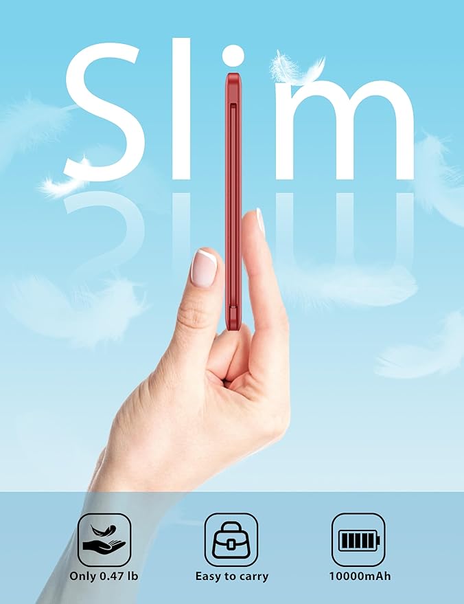 miisso 10000mah Slim Portable Charger with Built in Cable, Power Bank Travel Phone Charger External Battery Pack for Phones, 4 Output USB C Cords Clutch Charger Compatible with iPhone, Samsung, Red