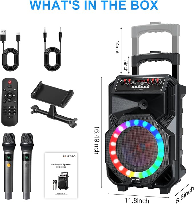 Karaoke Machine with 2 Wireless Microphones, Rolling Wheels, and Trolley – 8800mAh Portable Bluetooth Speaker, PA System with Lights, Adjustable Bass/Treble/Echo for Parties, Indoor and Outdoor Use