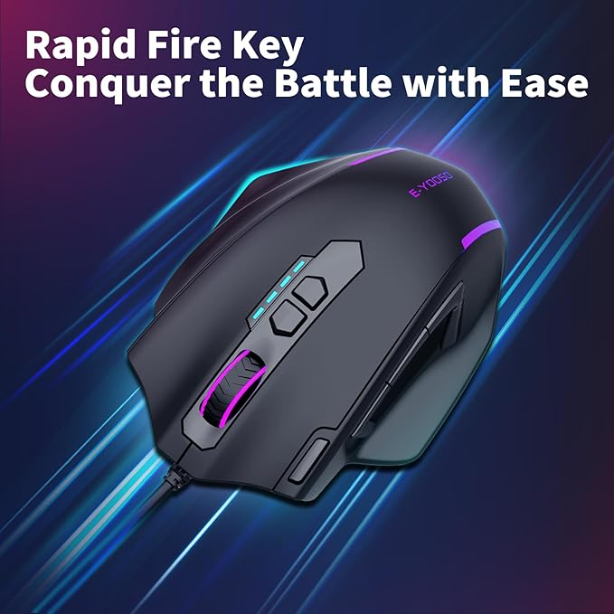 E-YOOSO Wired Large Gaming Mouse, RGB Backlit, 5 Macro Side Buttons, 200-12400 DPI, 11 Programmable Buttons, Rapid Fire Button, Adjustable Weights, Software Supports, Ergonomic for PC/Mac, Black