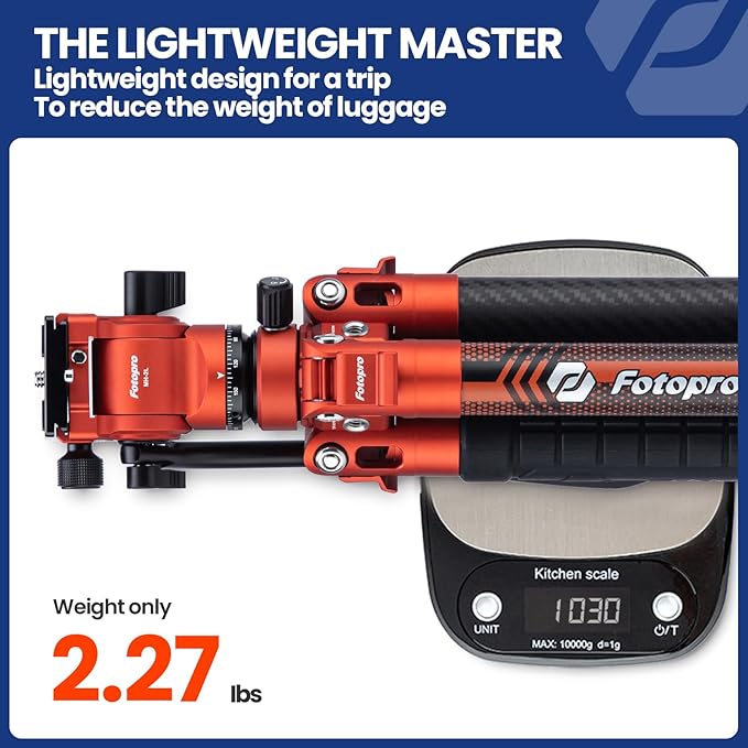 Fotopro Carbon Fiber Travel Tripod 2.2lbs Ultralight 64 Inch Portable Compact Travel Video Tripod for Camera DSLR Load up to 22lb X-Aircross 3 Lite Video Orange