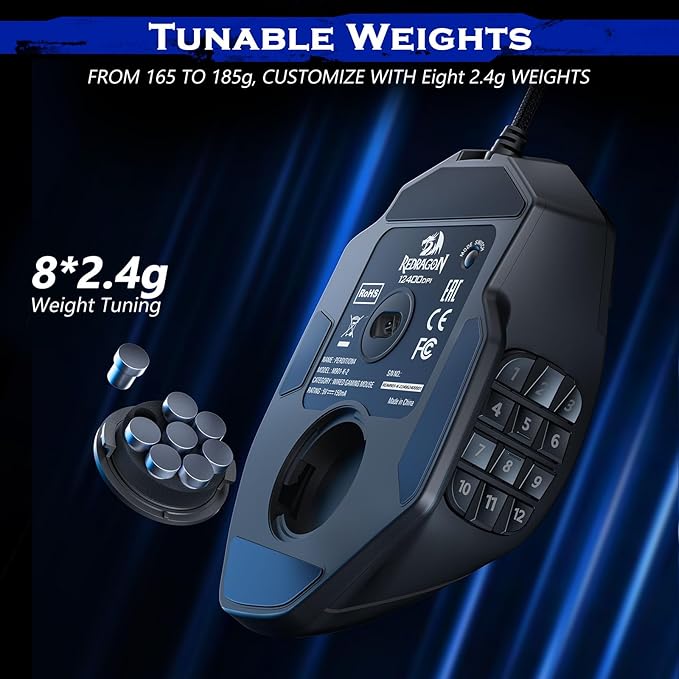 Redragon Gaming Mouse, MMO Mouse Gaming UP 12400 DPI, 19 Macro Programmable Buttons, RGB Mouse with 12 Side Buttons, 8 * 2.4g Weight Tuning for PC Laptop MOBA FPS, M901K, Black