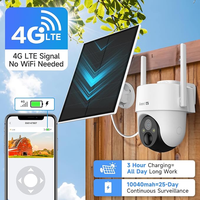 ARENTI 4G LTE Cellular Security Camera 2K, Solar Powered Live Feed Camera Outdoor Wireless for Home Security, Color Night Vision, 360° PTZ No WiFi Needed, PIR Sensor 2 Way Talk (Includes SIM Card)