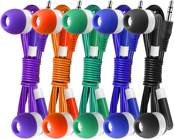Bulk Earbuds Headphones 100 Pack Earphones Wholesale Classroom Ear Buds Kids Bulk Headphones Mixed 5 Assorted Colors Earbuds for Schools, Libraries, Hospitals (Mixed-Color)