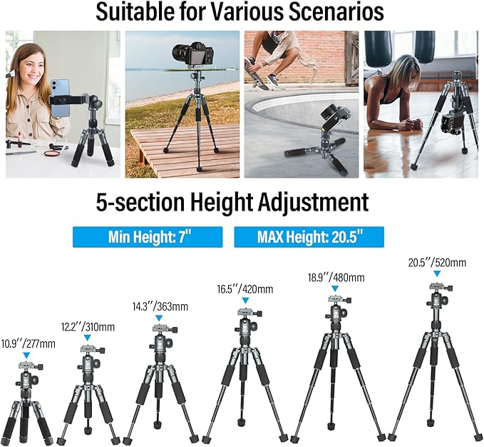SIRUI Compact Mini Desktop Tripod, 20" Aluminum Portable Small Tabletop Tripod Stand with 360° Ball Head for DSLR, Camera, Phone, Loaded up to 17.64lbs, Phone Holder Included, AM-TT50