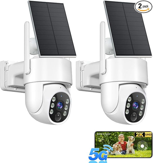Solar Security Cameras Wireless Outdoor, 5G&2.4GHz WiFi Cameras for Home Security, 2K PTZ Battery Powered Outside Cam, 2 Way Talk, Color Night Vision, Human Detection for Porch/Garage/Yard, 2 Packs