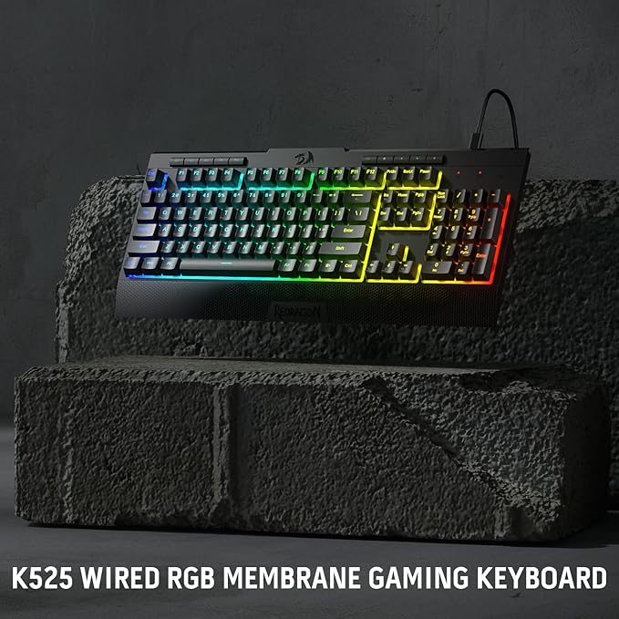 Redragon K525 RGB Backlit 104 Keys Wired Membrane Gaming Keyboard w/ 5 Multimedia Keys & 4 Extra On-Board Macro Keys, Dedicated Media Control, Ergonomic Wrist Rest, Linear Mechanical-Feel Switch