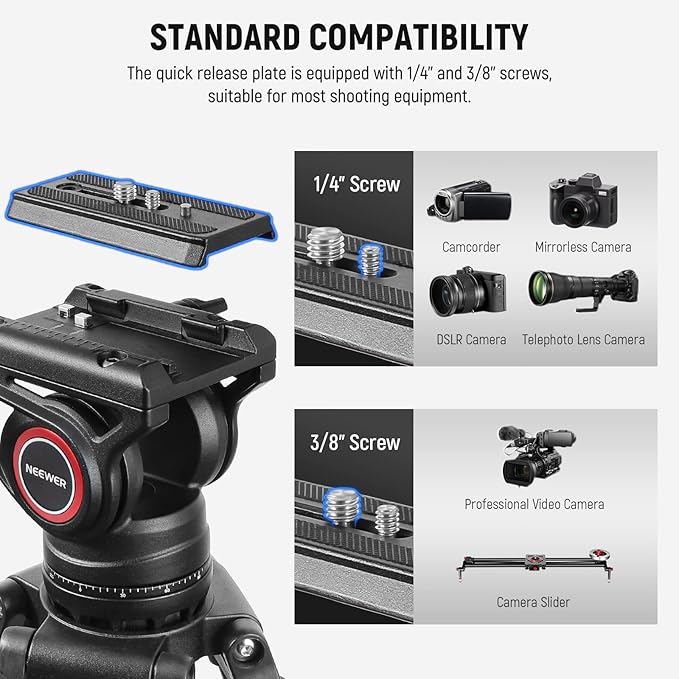 NEEWER 74" Video Tripod with Fluid Head, QR Plate , Aluminum Heavy Duty Camera Tripod Professional for DSLR Cameras Camcorders, Max Load 17.6lb/8kg, TP74