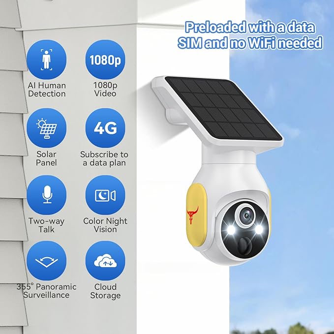 4G LTE Cellular Security Camera, SIM Card Included, No WiFi Needed, AI Motion Detection, Pan Tilt, 2-Way Talk, Night Vision, Works with Verizon/AT&T/T-Mobile