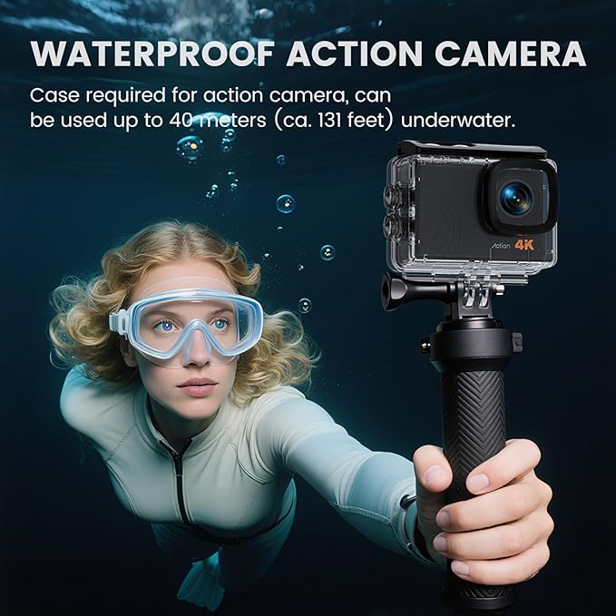 Action Camera 4K 60FPS 48MP, EIS Sports Camera with 128GB Card,131FT Underwater Waterproof Camera with Case, 2inch Touch Screen, 8X Zoom, Remote Control, Batteries & Mounting Kits