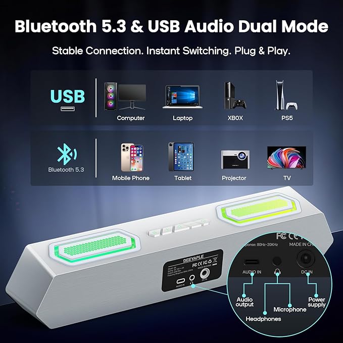 Deeyaple Computer Speakers, 40W Wireless Soundbar for Desktop PC with Bluetooth 5.3 & USB Audio,Software Custom EQ, Dynamic RGB Lighting, External Power Adapter Gaming Speakers, Laptop, Xbox (White)