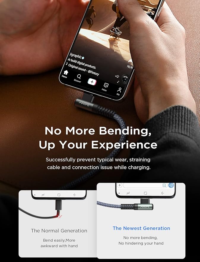 AINOPE USB C Cable 60W 4-Pack 3.3FT+3.3FT+6.6FT+10FT Nylon Braided USB C to USB C Cable Type C Charger Fast Charging Right Angle USBC Cable Charger Cord for iPhone 16 Pro Max 15 Plus Samsung S24 Grey