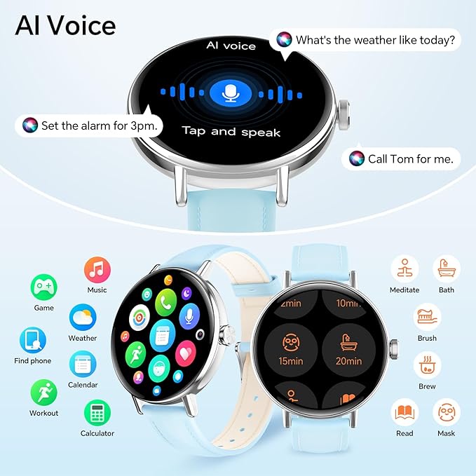 Smart Watches for Men/Womem,1.27" HD Fitness Watch Answer/Make Call, Heart Rate/Sleep/SpO2，Round Smart Watch for iPhone/Samsung/Android,IP68 Waterproof，110+ Sport Mode-Blue(2 Bands)