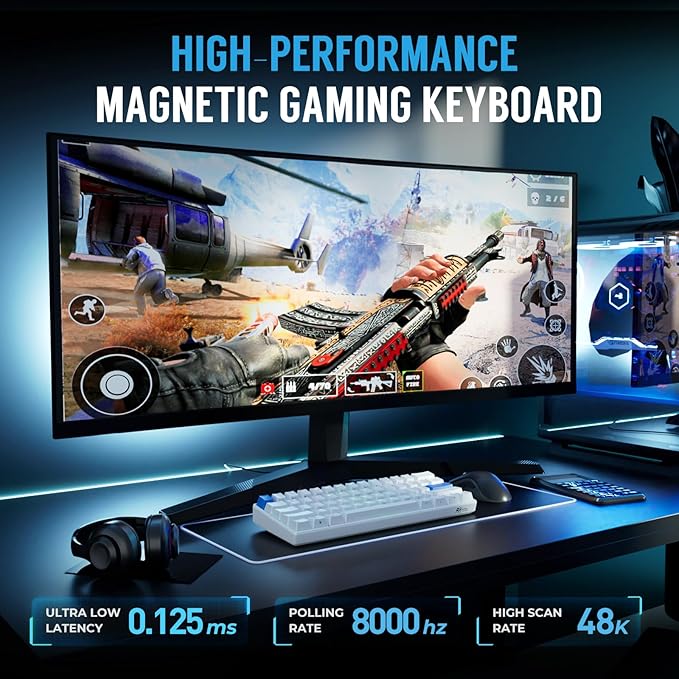 RK ROYAL KLUDGE C61 HE Gaming Keyboard 60% Wired Mechanical Keyboard with Hall Effect Magnetic Switch 8000Hz Polling Rate Rapid Trigger RGB Backlit, 61 Keys, White Blue
