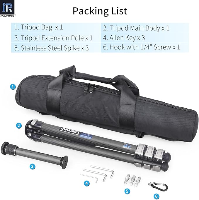 INNOREL KT254CF Carbon Fiber Tripod Professional Portable Compact Travel Tripod for Digital DSLR Camera Stand Support with Adjustable Center Column 1.01in/25.6mm Tube Max Load 33lbs/15kg