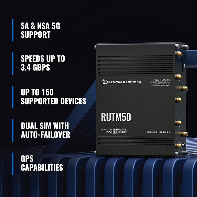 Teltonika RUTM50 WiFi Router Dual SIM Card Slot - 5G Ultra High Speeds Up to 3.4 Gbps - Auto Failover with SA & NSA 5G Architecture Support - 4G Compatibility Wireless Router (TELRUTM50000000)