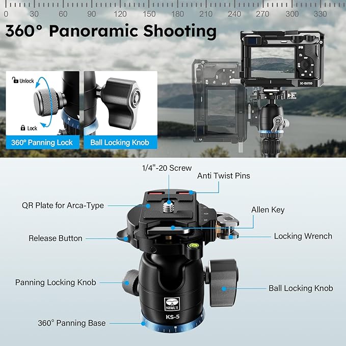 SIRUI Carbon Fiber Travel Tripod - Lightweight 55.1" Compact Tripod with 360° Panorama Ball Head, Quick Release Plate (AM-025K+KS-5)