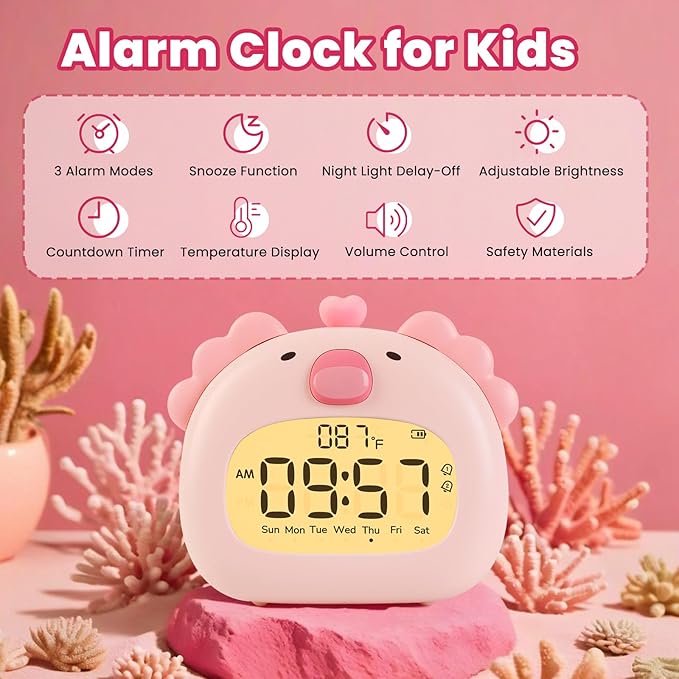 Axolotl Alarm Clock with Night Light for Kids – Cute Digital Sleep Trainer with LED Display, 3 Alarms, Countdown Timer, Adjustable Brightness – Rechargeable Bedside Clock for Boys and Girls