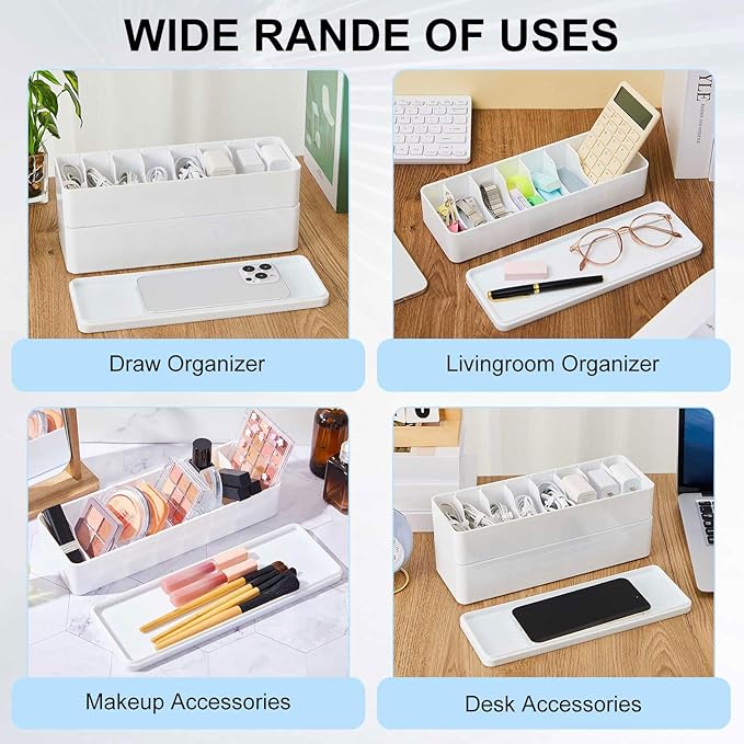 Tatuo 2 Pcs Cable Organizer Box with Wire Ties, Plastic Cord Storage Box with Lid, Electronics Organizer for Home Office Desk Organizers and Accessories (10.79'' X 3.78'' X 1.97'',White)