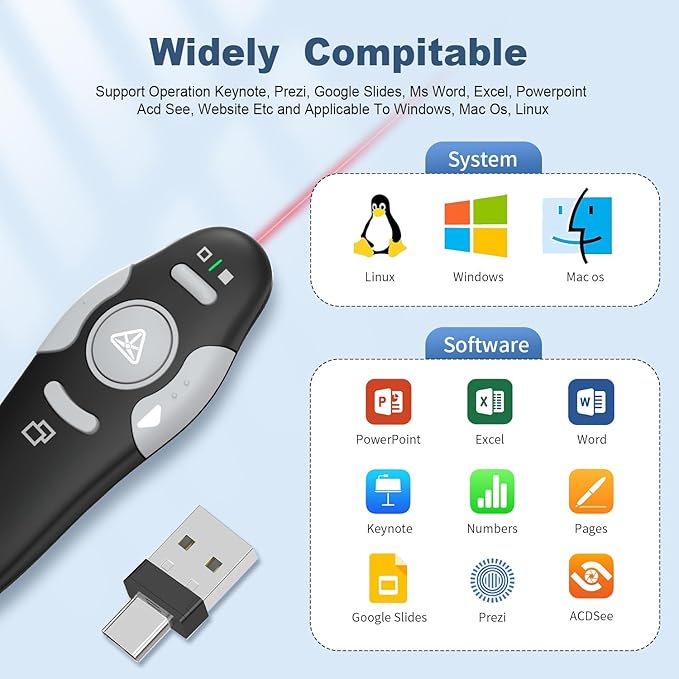 QUI Presentation Clicker Wireless Presenter Remote Clicker for PowerPoint Presentation Remote, PowerPoint Slide Advancer for Mac/Windows/Linux, Google Slide/PPT/Keynote, Type-c, Black
