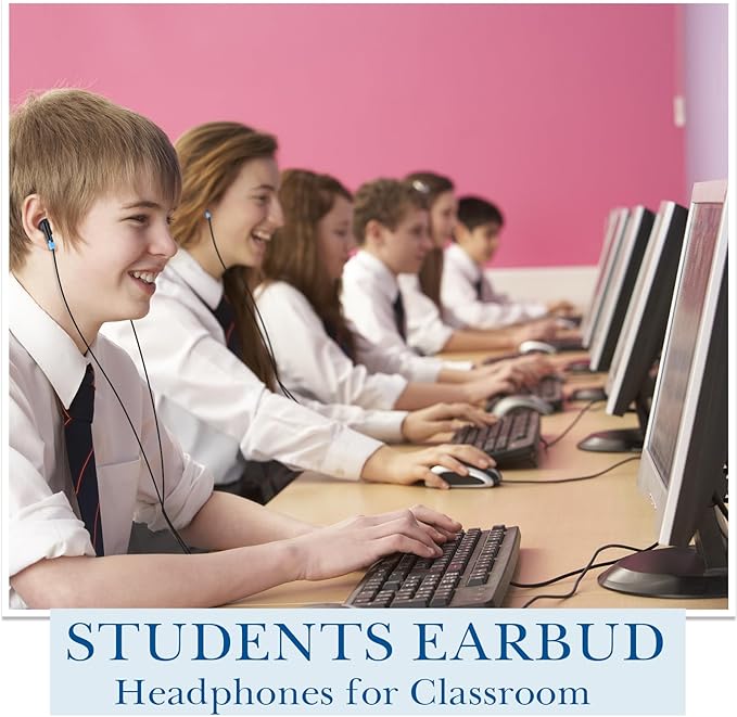 Kanayu 100 Pack Wired Earbuds Bulk for Classroom Ear Headphones Wired Basic Student Earbuds No Microphone with 3.5mm Jack for Kids Class Laptop School Library, Individually Bagged(Blue)