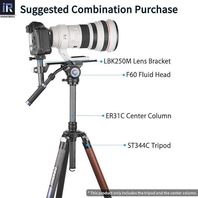 Carbon Fiber Tripod-INNOREL ST344C Professional Heavy Duty Camera Stand Monopod with 75mm Bowl Adapter Tube Leg 34.4mm,Max Load 30kg for DSLR Travel Shooting with ER31C Center Column add Camera Strap