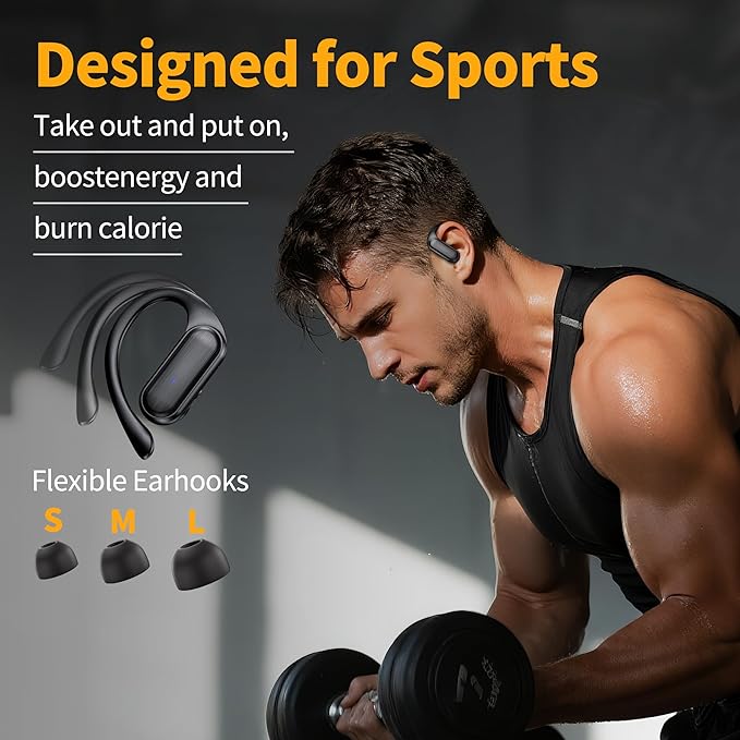 Wireless Earbuds,Bluetooth Headphones 80hrs Play Back Sport Earphones with LED Display Over-Ear Buds with Earhooks Built-in Mic IPX7 Waterproof Headset for Workout Grey -Black