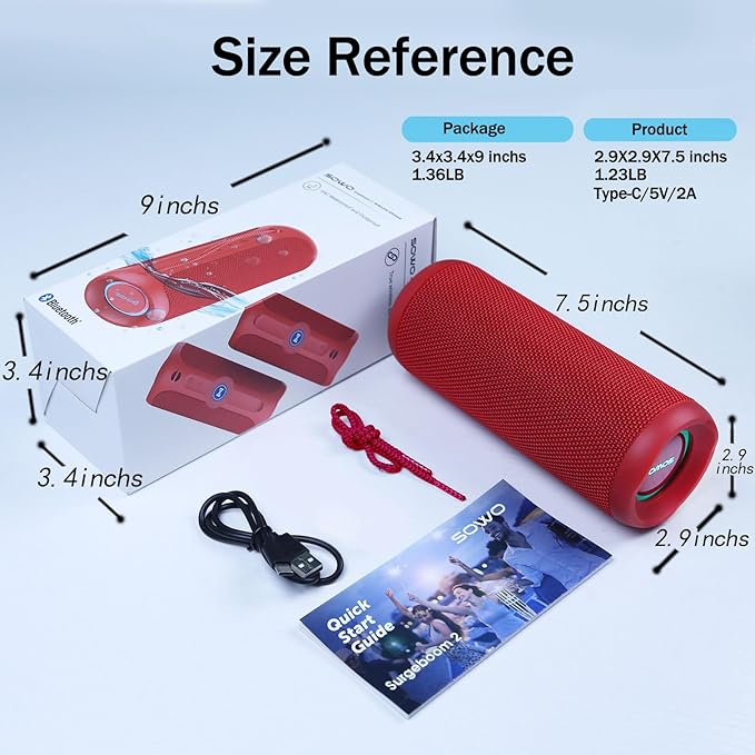 SOWO Portable Bluetooth Speaker, Waterproof IPX7, 25W Loud Wirelss Speaker with Big Audio and Punchy Bass, Outdoor Bluetooth for Party, Beach, Travel, Girls Gifts - Red